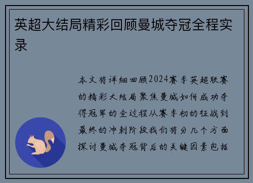 英超大结局精彩回顾曼城夺冠全程实录